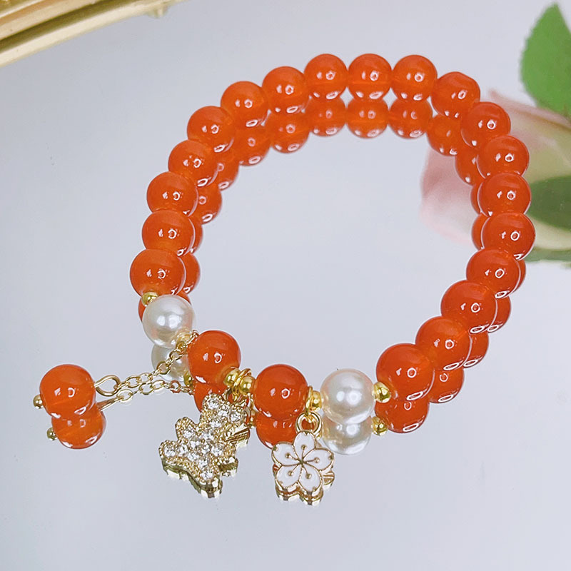 Pulsera de cristal para estudiantes de primavera y verano, sencilla y bonita, con cuentas, cadena de mano, decoración de mano, oso rojo