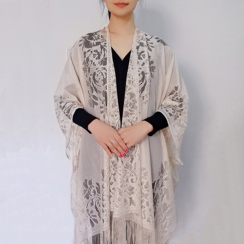 New Spring and Autumn Elegant Lace Openwork Scarf Solid Color Tassel Women's Universal Long Scarf Clothing Sun Protection