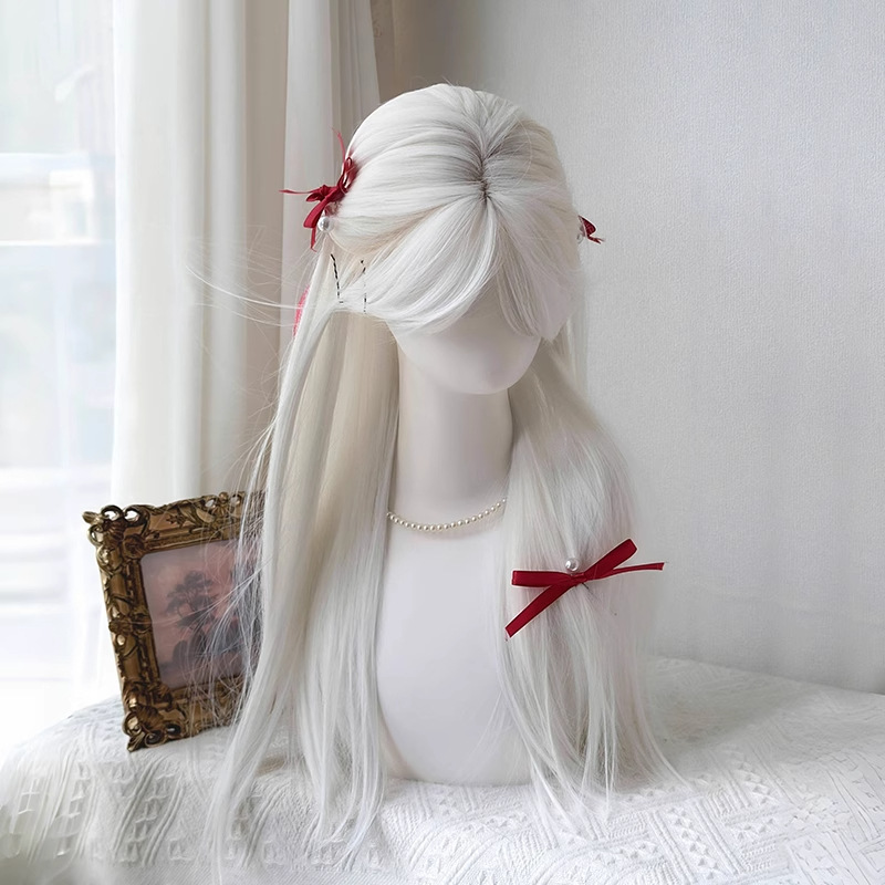 White Wig for Women with Long Hair, Daily Air Bangs, Long Straight Hair, Natural Full Wig Set, Full Headband Style