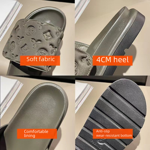 Women's Slippers  Summer New Retro Magic Tape Thick Sole Engraved Bread Print Lazy One-Strap Cool Slippers