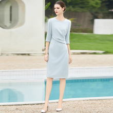 AD知性圆领连衣裙女正式场合职业装蓝色压褶西装裙七分袖工作服OL