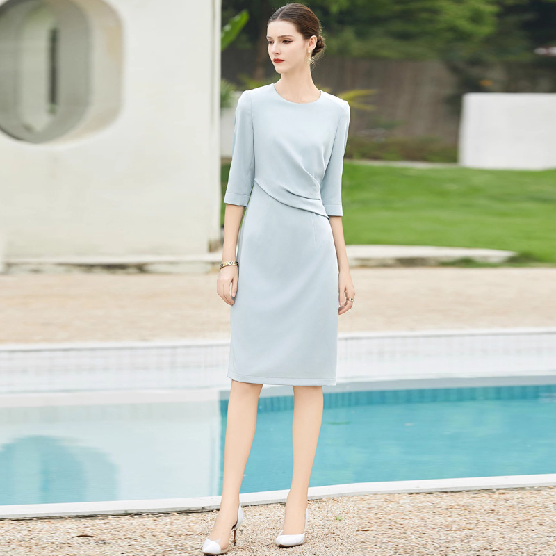 AD intellectual round neck dress women's formal occasion business wear blue pleated suit skirt seven sleeve overalls OL