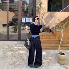 实拍~新款圆领长袖毛衣蓝色搭配格纹衬衫+宽松牛仔裤阔腿裤女装