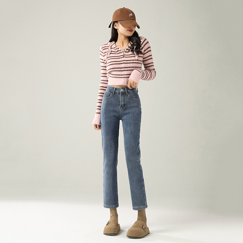 Narrow Straight-Leg Fleece-Lined Jeans for Women, Autumn and Winter New Design, High-Waisted, Stretchy, Slim-Fit, Cropped Cigarette Pants