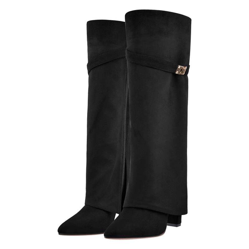 Thick Heel Trousers Boots Cross-border New Women's Pointed Big Barrel Straight Boots with Metal Buckle Medium Long Boots Black plus size Thick Heel Trousers Boots Cross-border New Women's Pointed Big Barrel Straight Boots with Metal Buckle Medium Long Boots Black plus size