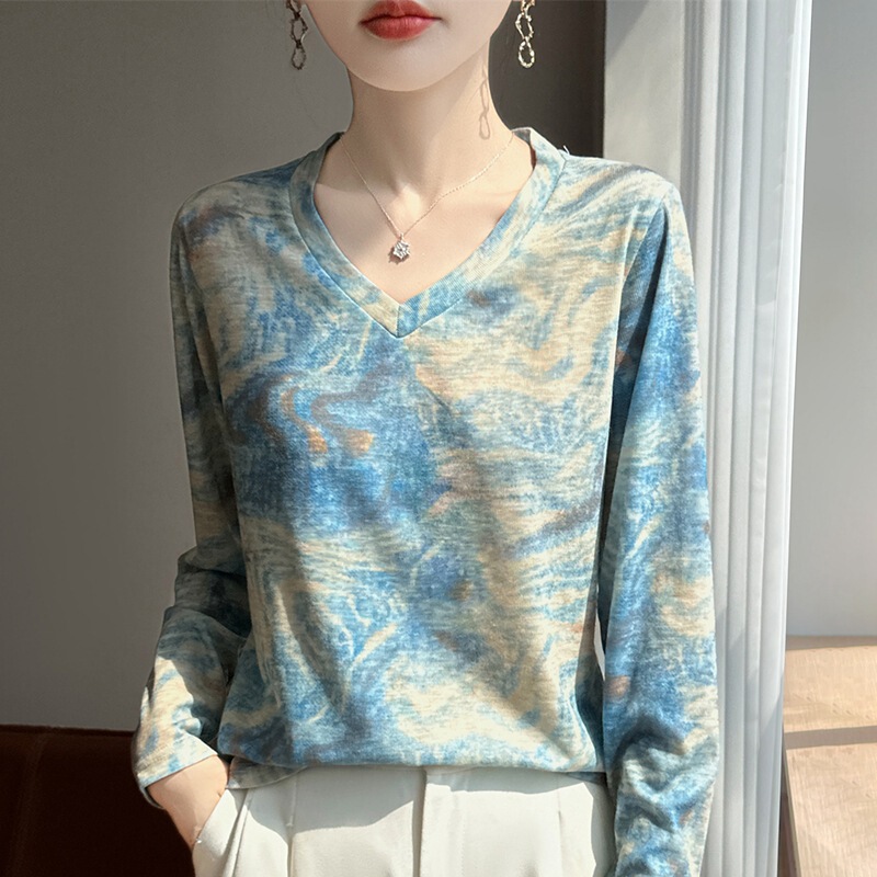 Printed V-Neck Knitwear for Women, Long-Sleeved, Thin, Loose, Versatile Bottoming Shirt, Summer New Style, Casual High-End Top