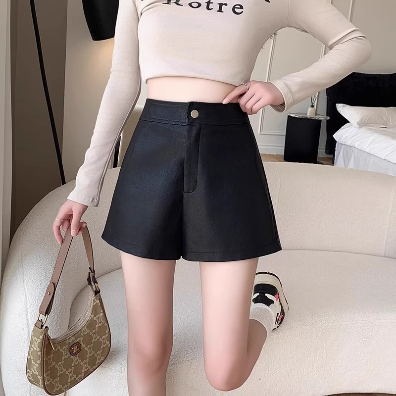 皮短裤女2023秋冬季阔腿裤高腰显瘦打底pu皮裤韩版宽松小个子靴裤