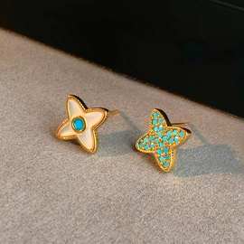 法式贝母蓝松石不对称耳钉女S925纯银针精致四叶草耳饰高级感耳环