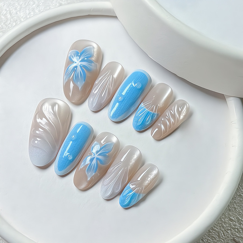 半手工杏仁甲欧美跨境3D立体雕花晕染高级感显白pressonnails批发|undefined
