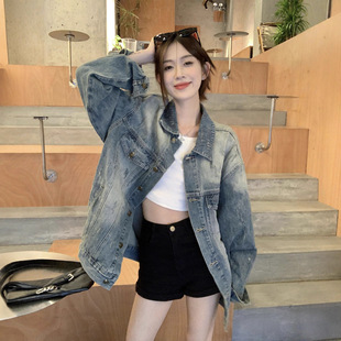 Boyfriend style worn-out Denim coat women's spring and autumn design loose slimming Korean style lazy style cardigan top