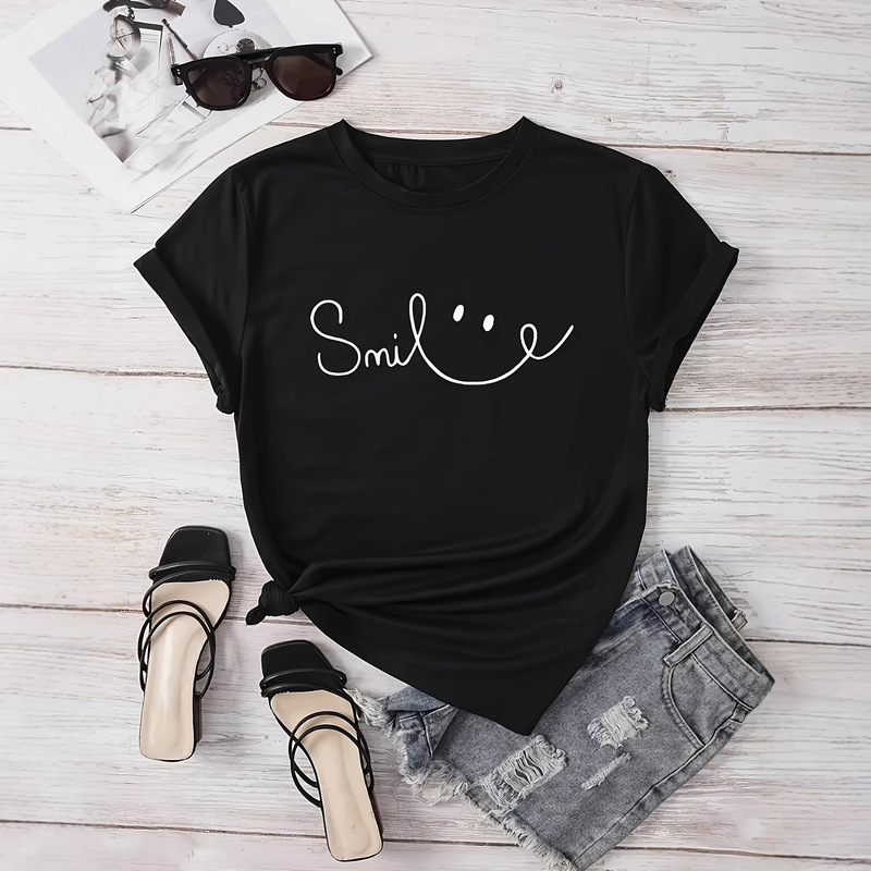 Women's Stylish Letter Print T-Shirt - , Casual Short Sleeve Round Neck T-Shirt for Everyday Wear and Fashion