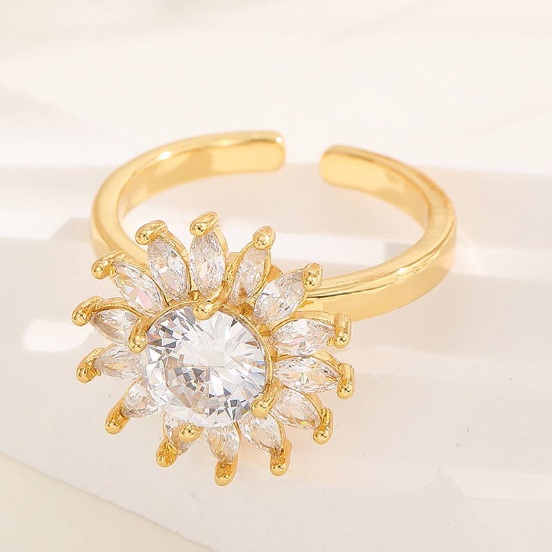 18K oro real color-preservar la suerte de la hierba estilo coreano transfronterizo diamante incrustado rotación de moda abierto anillo ajustable