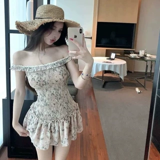 温柔风一字肩碎花连衣裙女夏纯欲气质修身显瘦收腰小个子绝美短裙