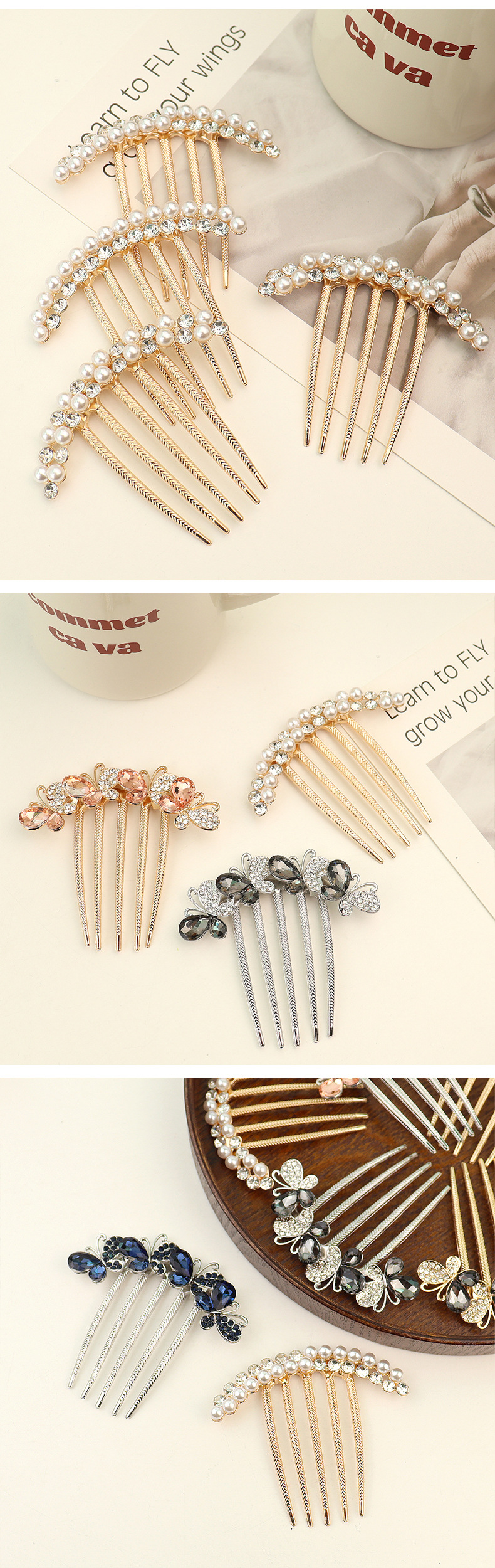 Fashion Butterfly Alloy Inlay Artificial Crystal Artificial Pearls Insert Comb display picture 1