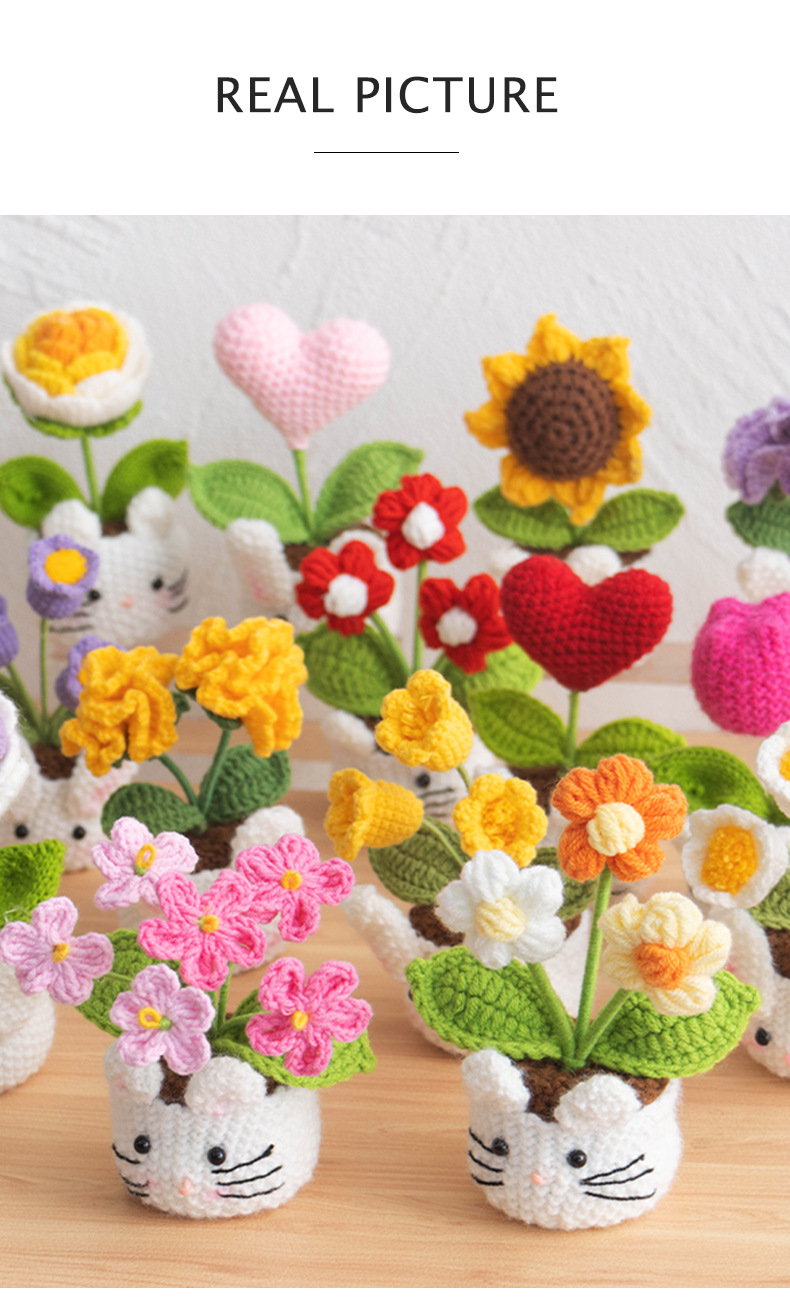 Wholesale of cross-border new handmade small potted flower crocheted artificial flower decorative ornaments, finished knitted potted plants pic 8