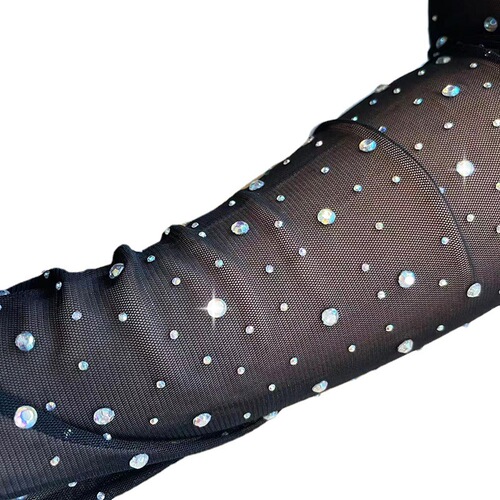 Net mesh water drill full finger extended gloves for women, black thin dress party sexy travel photography arm sleeves performance
