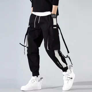 机能风潮牌工装裤男个性飘带束脚韩版潮流宽松街头嘻哈百搭哈伦裤