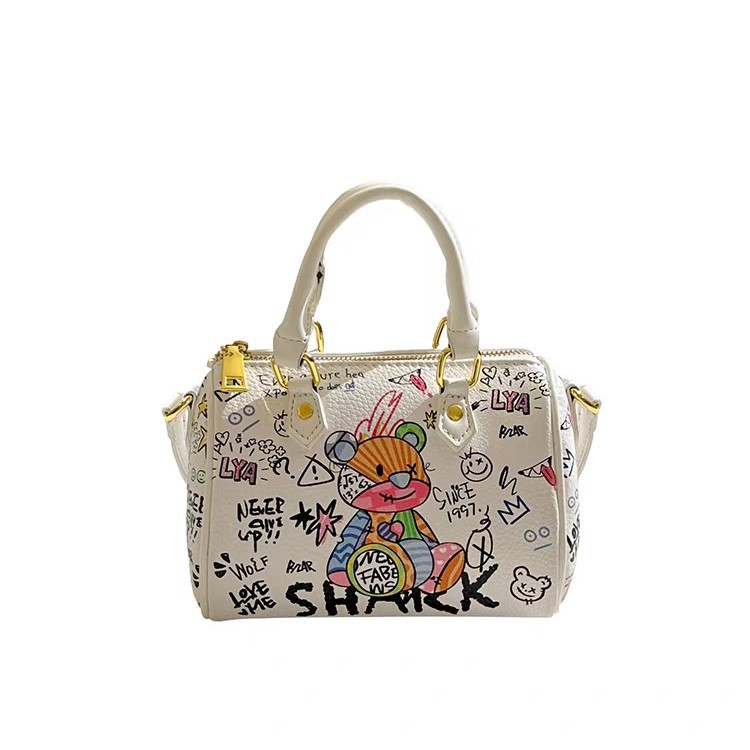 Borsa a tracolla con stampa graffiti a forma di orsacchiotto, borsa a cuscino, borsa a tracolla alla moda, borsa a mano di nicchia con stampa._voghion.com