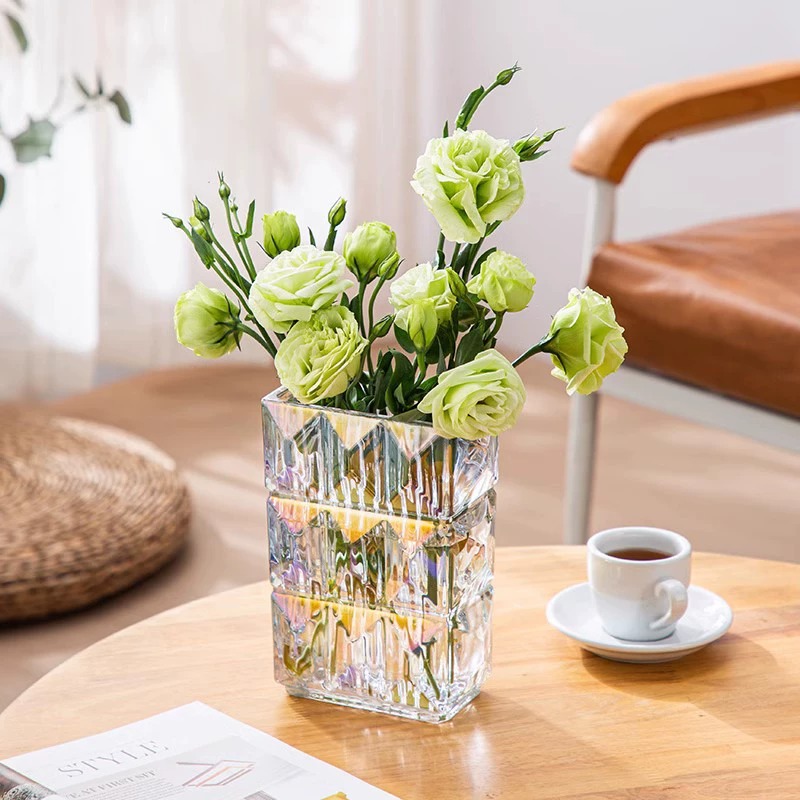 Jarrón de Vidrio Transparente Cuadrado de Lujo Ligero, Alto Valor Estético, Contenedor de Flores Hidropónico Creativo, Adorno Estilo Ins, Estilo de Lujo Ligero.
