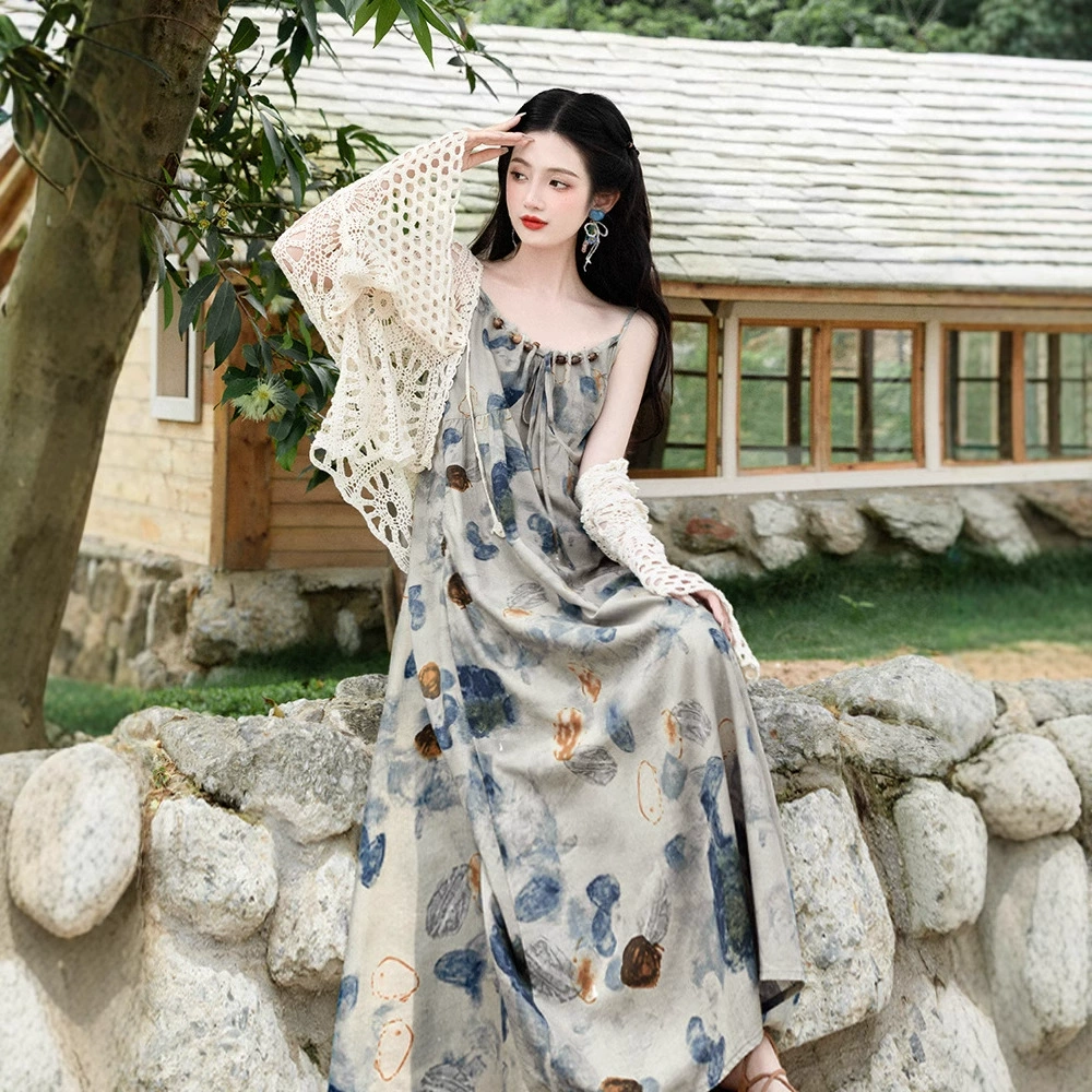 Этнический стиль, картина маслом, чайный перерыв, отдых на море, подтяжки, пляжный дизайн, юбка на подтяжках, вязаный крючком кардиган, платье, костюм