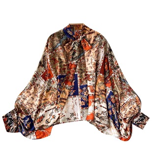 Cross-border European and American printed shirt plus size satin elegant commuter stand collar large size lace shirt chiffon top