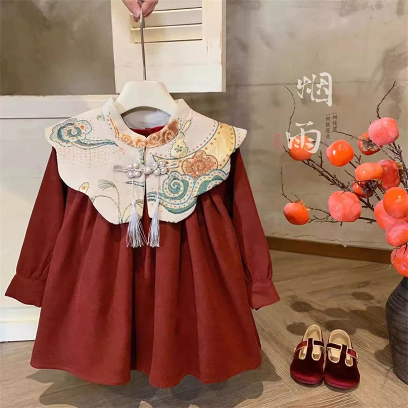 Niñas invierno bordado vestido de hombro nublado vestido de Año Nuevo vestido rojo vestido de Año Nuevo chino vestido de princesa infantil