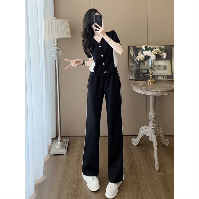 심천 Nanyou 캐주얼 스포츠 정장 여성 여름 오른쪽 어깨 슬리밍 v 넥 탑 하이 웨이스트 스트레이트 팬츠 투피스 슈트