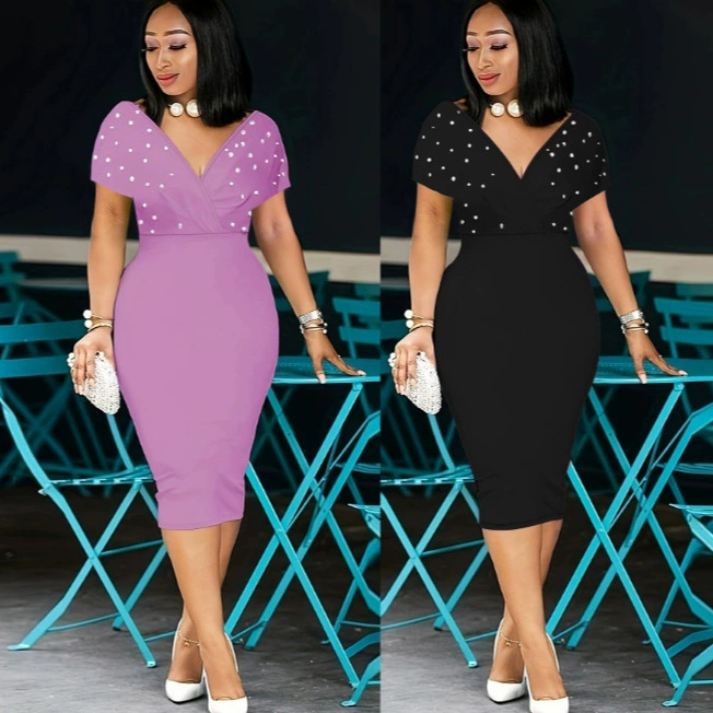 2024 европейское и американское модное платье с сплошным топосом V-образным вырезом с половиной рукава Задняя спинка платье с пузырьками