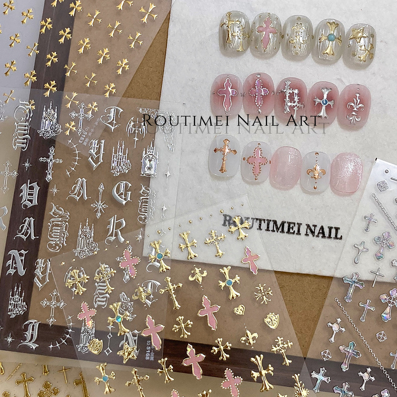 Nail Art Stickers New Cross High-Grade Adhesive Exotic Nail Stickers Gothic Letters Metal Cross Stickers