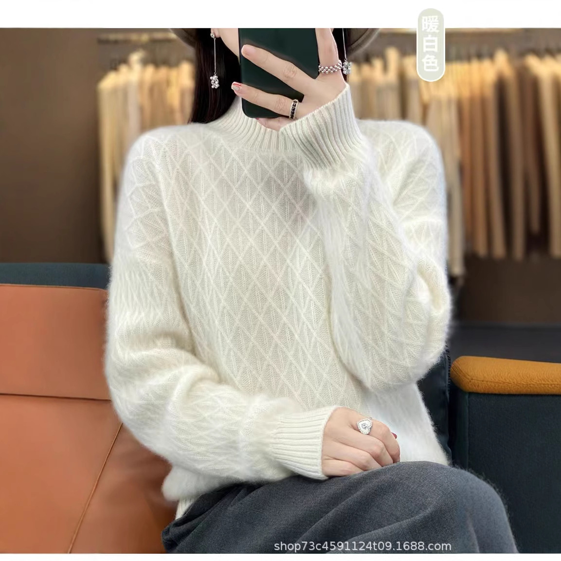 2023 가을과 겨울 새로운 순수 양모 두꺼운 느슨한 반 높은 목 다이아몬드 풀오버 여성용 캐시미어 니트 베이스 스웨터