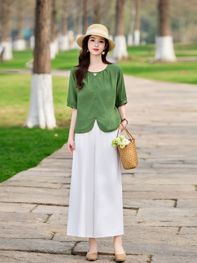 Bộ sơ mi phối quần ống đứng hai mảnh phong cách tân cổ điển MM6615 — màu sắc, xanh lá cây