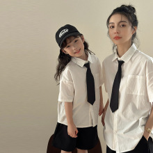 日系短袖领带衬衫亲子夏季宽松学院风百搭幼儿园毕业演出服家庭装