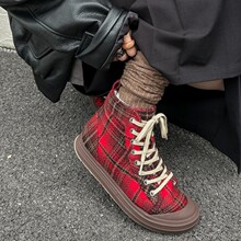 SGIRL TWTW2025年秋季新款韩版时尚圆头厚底极简风帆布大红格女鞋