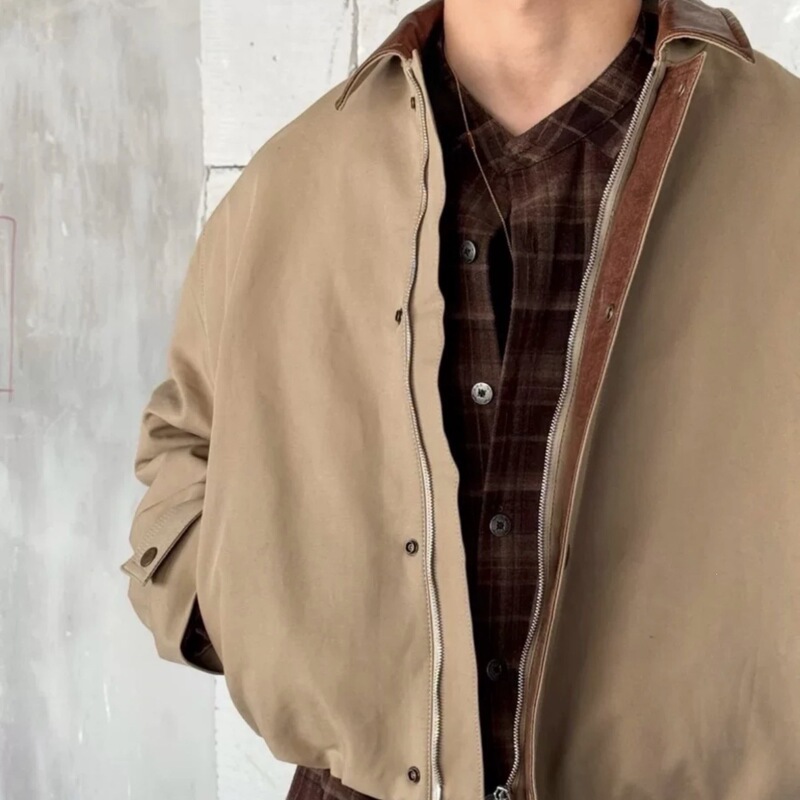 Swedish Trendy Brand Barn-Style Workwear Jacket, Vintage Patchwork Lapel Zipper Jacket, Solid Color, Unisex, Short, Loose Fit Swedish Trendy Brand Barn-Style Workwear Jacket, Vintage Patchwork Lapel Zipper Jacket, Solid Color, Unisex, Short, Loose Fit