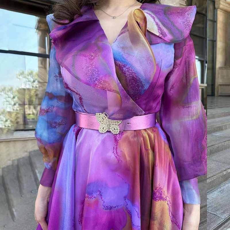 2025 primavera y verano nuevo estilo de comercio exterior europeo y americano estampado vestido de malla de gran swing viaje vestido de mujer de talla grande europeo y americano