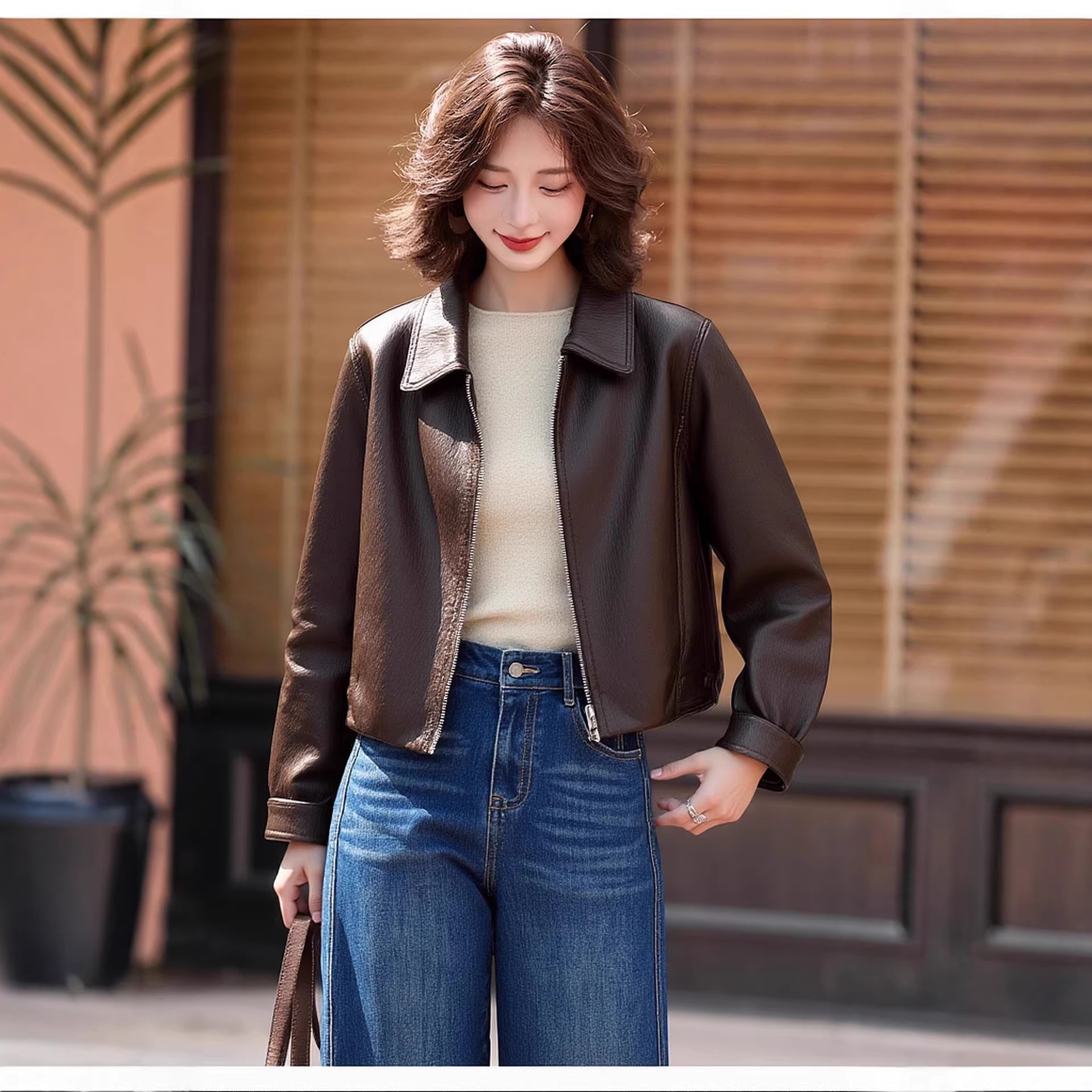 Haining Genuine Leather Women's Leather Jacket Retro Korean Style Goatskin Hong Kong Style Motorcycle Casual Leather Jacket Trendyy Loose Jacket