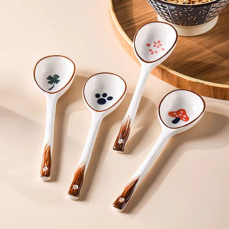 Cuchara de cerámica de alto aspecto lindo personalizado hecho a mano cuchara retro simple mango largo cuchara doméstica