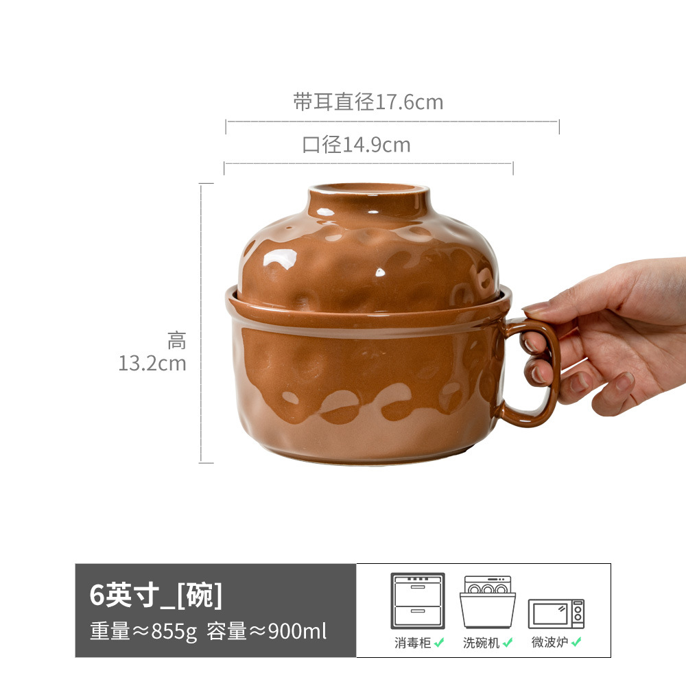 Tacos de fideos de cerámica con cubierta comedor con mango para jugar tazón de arroz dormitorio de estudiantes tazón de fideos convenientes cubiertos caseros tazón de sopa