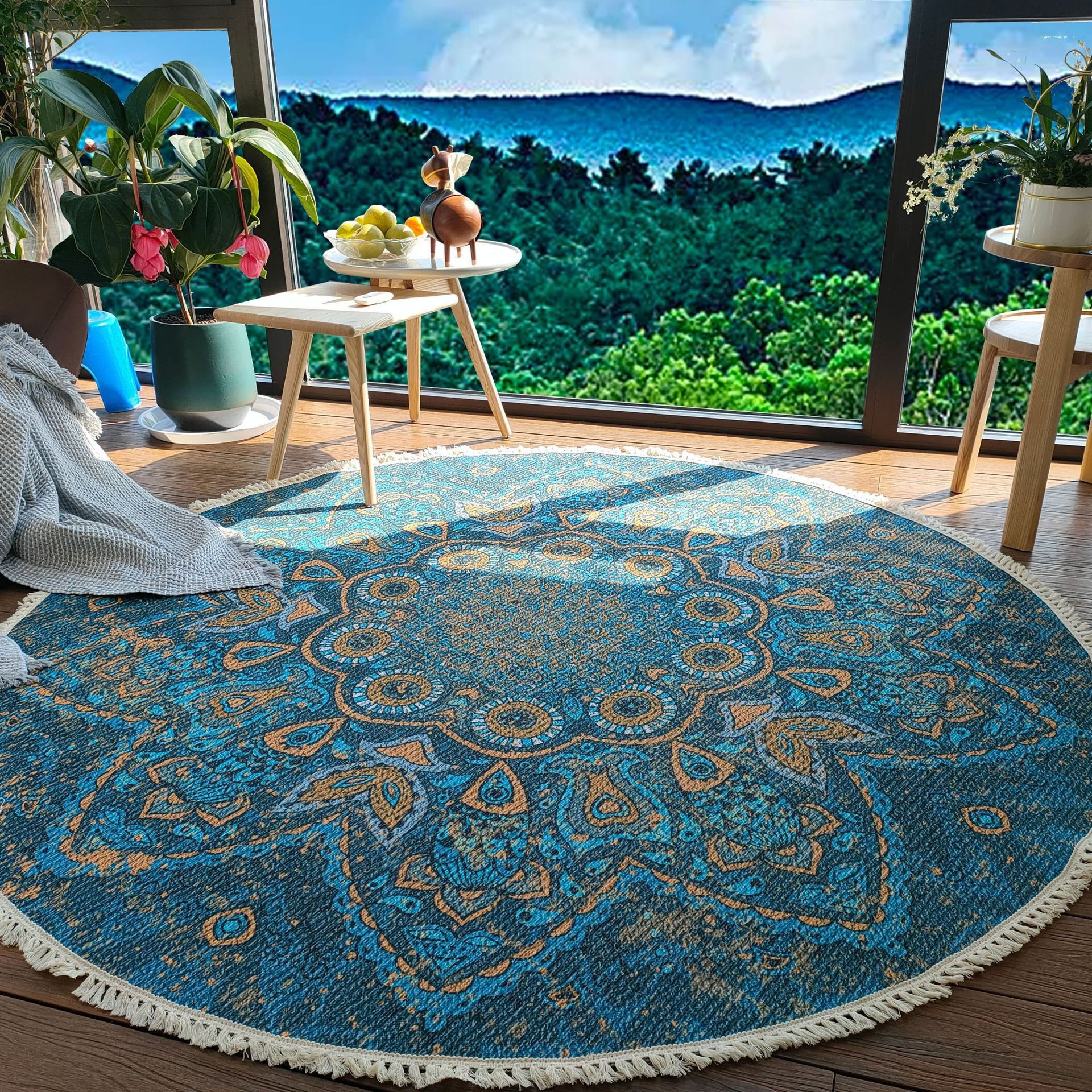 Tapis rond style ethnique pour salon et chambre à coucher_voghion.com