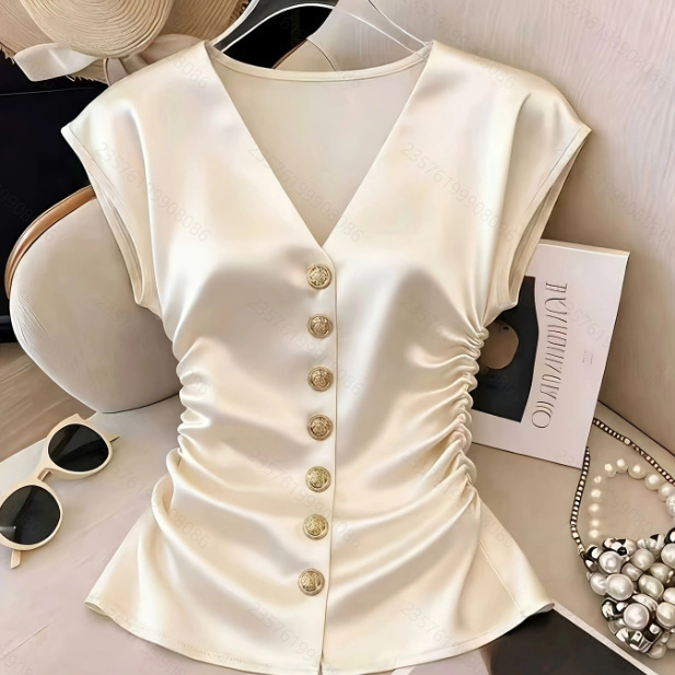 Women's New Summer Style French-Style Elegant Solid Color Satin V-Neck Pleated Waist-Cinching Shirt Suitable for Office Commuting