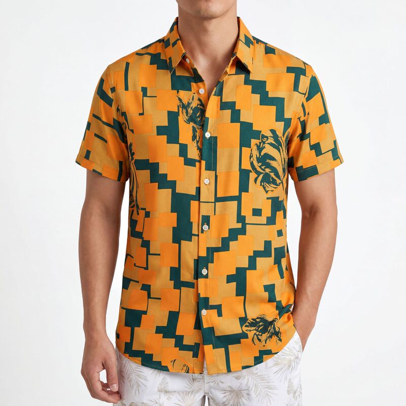 Hangzhou Fashion Men's Clothing, Light Luxury and High-End Feel, Orange and Green Square Tiger 3D Printed Short-Sleeved Shirt, Men's Non-Iron Shirt Hangzhou Fashion Men's Clothing, Light Luxury and High-End Feel, Orange and Green Square Tiger 3D Printed Short-Sleeved Shirt, Men's Non-Iron Shirt