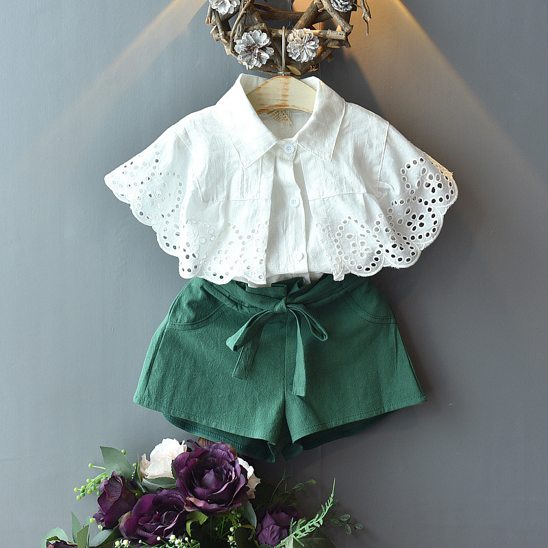 2019夏新款儿童女童镂空蕾丝边娃娃衫+短裤宝宝洋气裤套装|ms