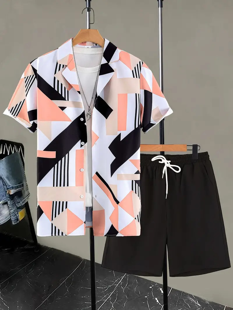 Transfronterizo 2024 nuevo estilo Amazon moda europea y americana casual todo fósforo manga corta cuello cubano pantalones cortos traje MB05 MA1