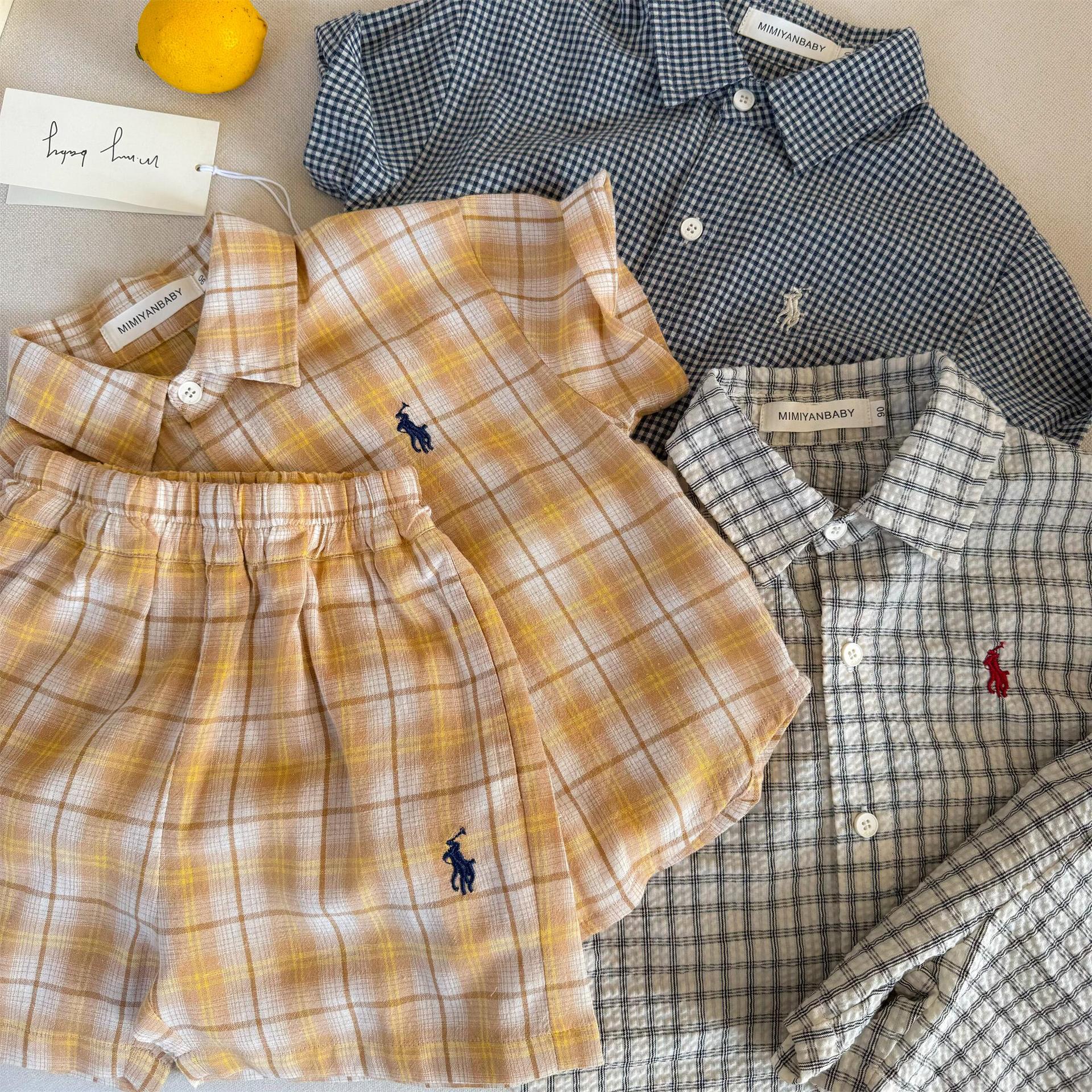 Children's suit 2025 Summer Boys' Plaid Embroidered Short-sleeved Shirt Baby Trendy Shorts Two-piece Set