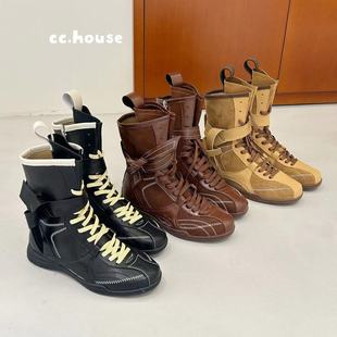 2025 Spring Retro Inner Heightening Martin Boots Women's Brown Boxing Boots Nubuck Leather Round Toe Lace-Up Sports Boots Short Boots