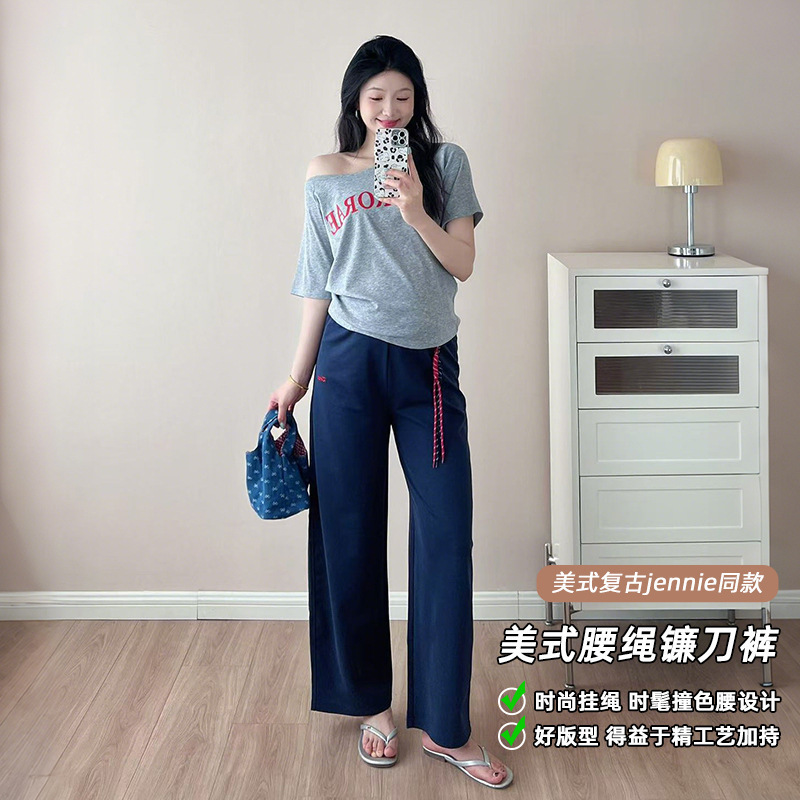 孕妇裤夏季外穿薄款美式复古运动卫裤不勒肚子宽松直筒休闲阔腿裤|undefined