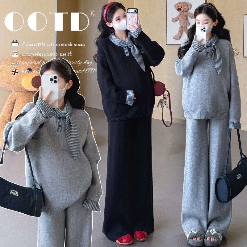 Maternity wear autumn and winter set, trendy new fashion for stylish moms, asymmetrical collar shirt with sweater combination, chic outfit for pregnancy Maternity wear autumn and winter set, trendy new fashion for stylish moms, asymmetrical collar shirt with sweater combination, chic outfit for pregnancy