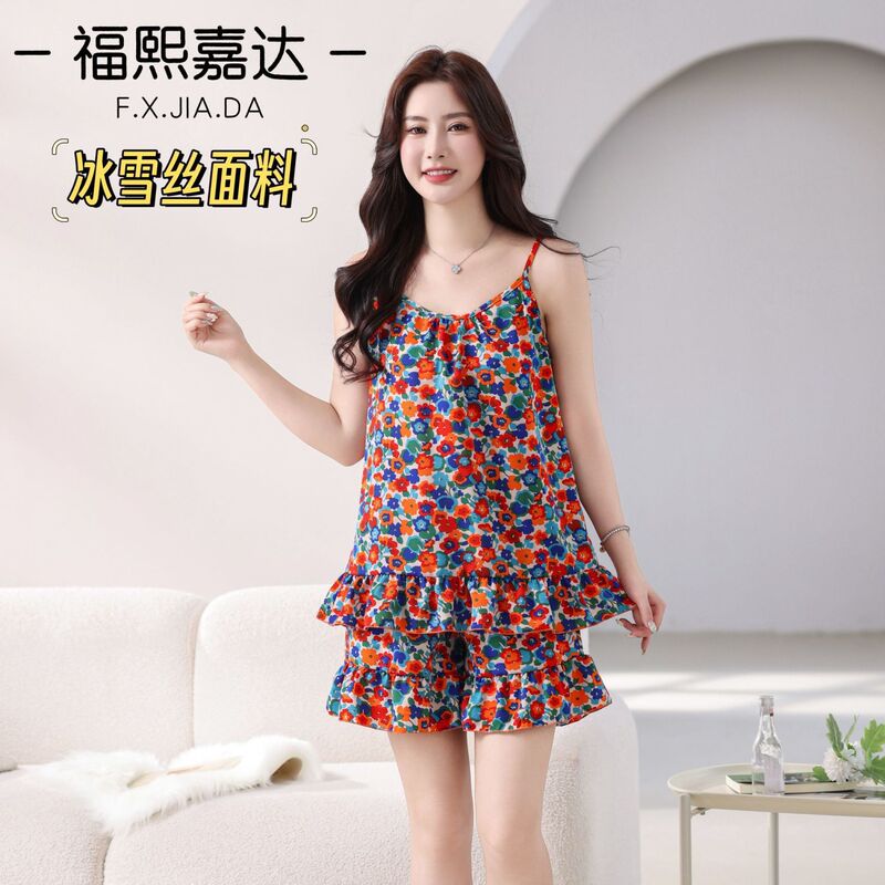 Fuxi Jiada's New Ice and Snow Silk Suspender Shorts Suit Korean Style Loose Youthful Cotton Silk Pajamas Summer Home Style