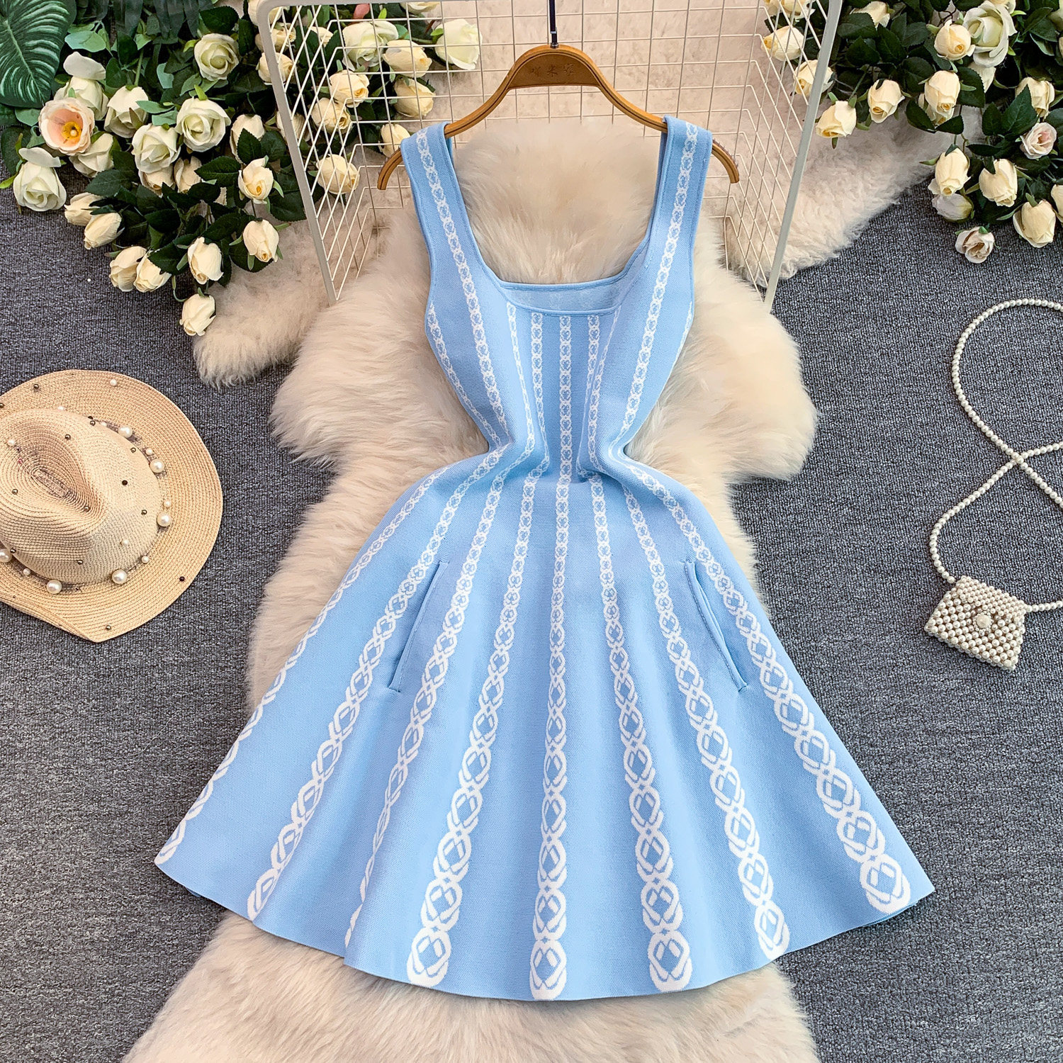 Luxury Petite Embroidered Knit Dress for Women Elegant Slimming A-Line Slip Summer Style Striped Charm_ecoleips.com