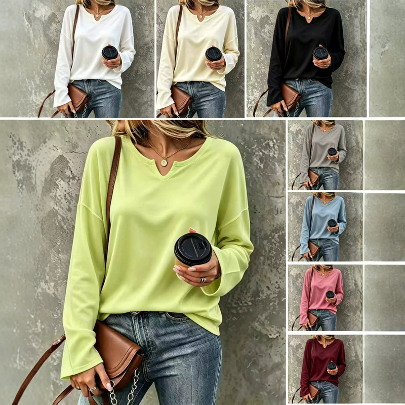 New European and American style, cross-border Amazon, solid-color, all-season, long-sleeved women's top with a small V-neck, dropped shoulders, and a loose, casual fit New European and American style, cross-border Amazon, solid-color, all-season, long-sleeved women's top with a small V-neck, dropped shoulders, and a loose, casual fit